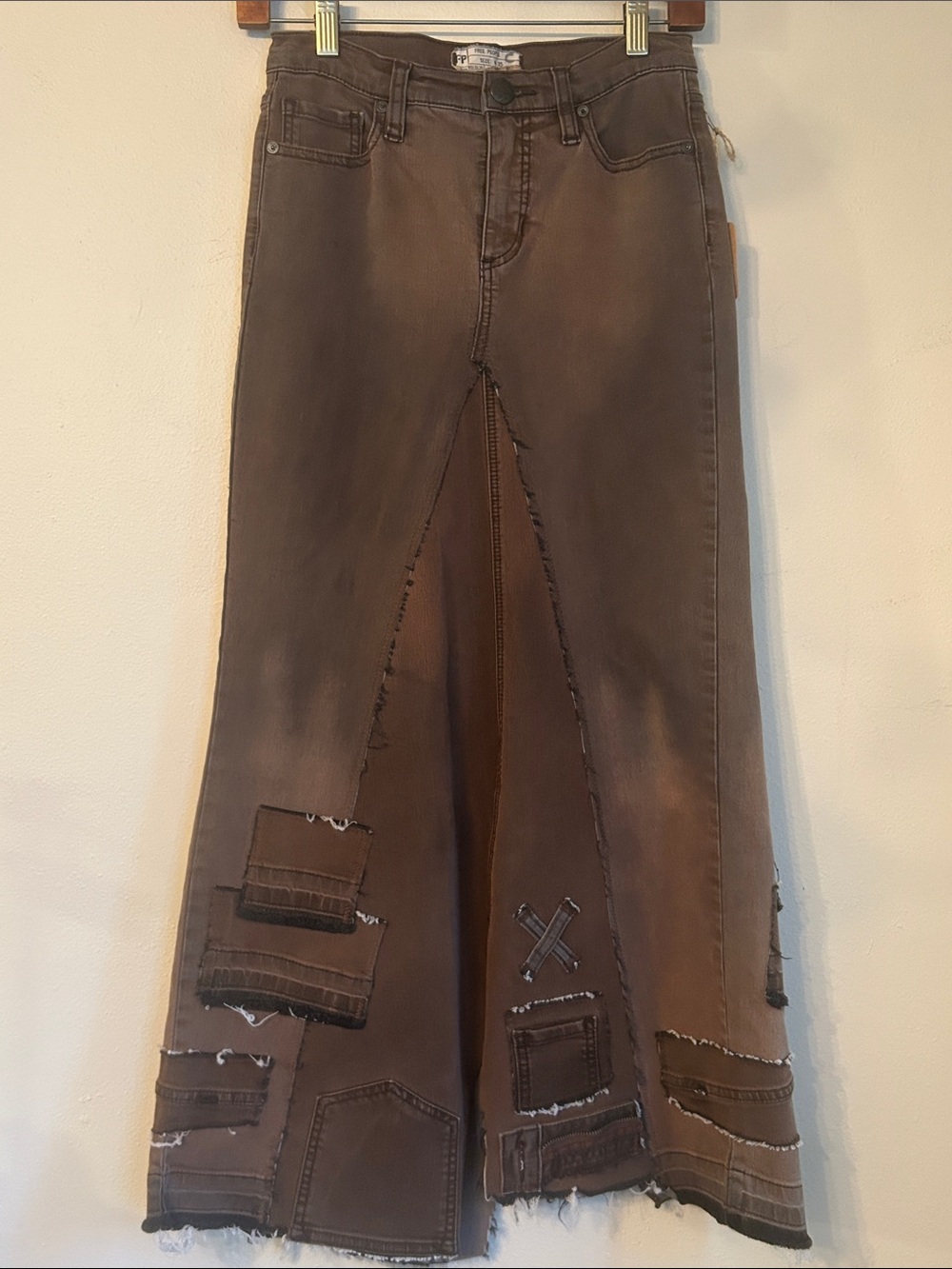 Upcycled free people patched post Apocalyptic dystopian brown denim maxi skirt